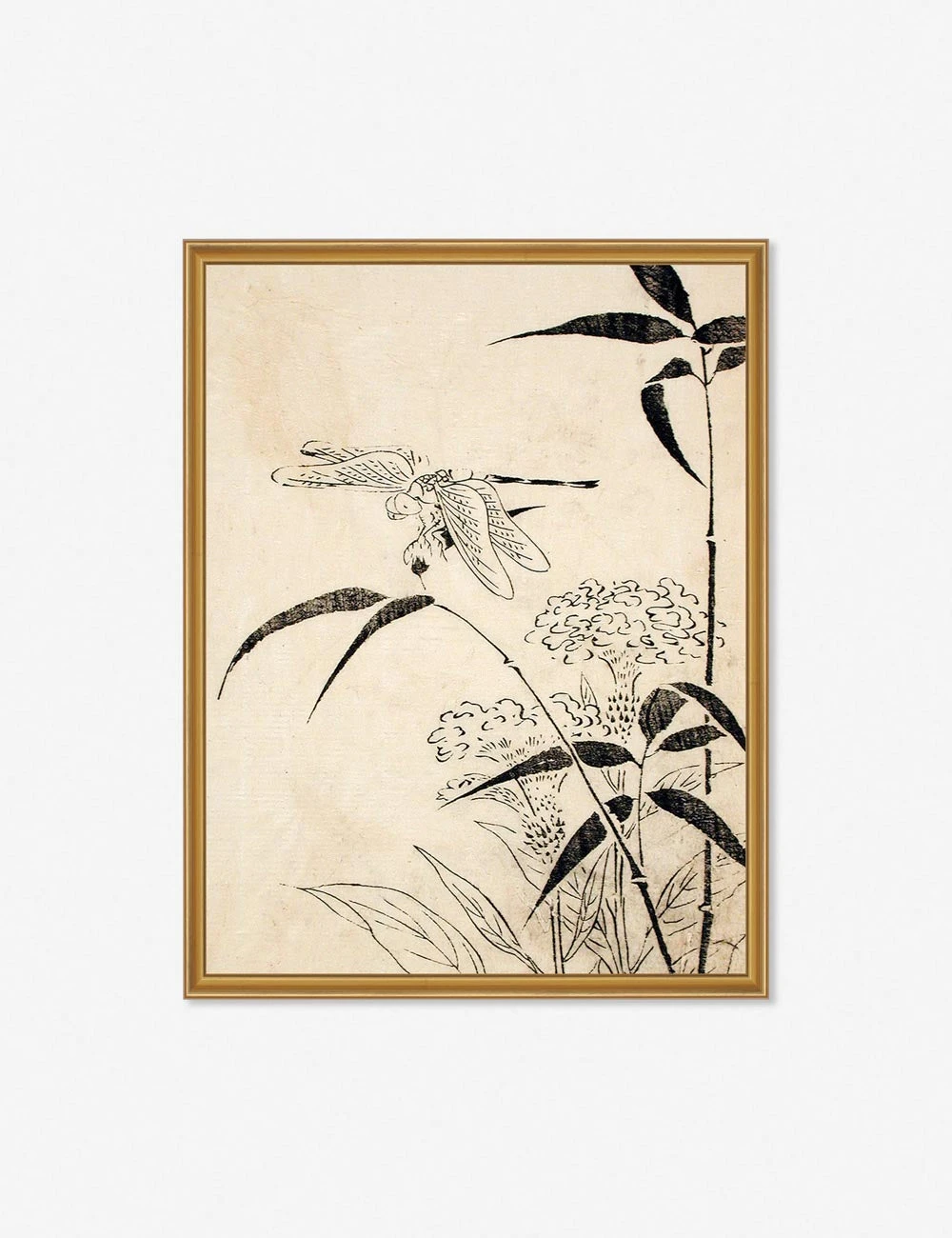 YuzenDragonflyGoldFrame.jpg Lulu And Georgia 'Dragonfly, Coxcomb And Bamboo' Print By Miyazaki Yūzen