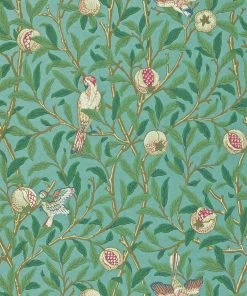 Lulu And Georgia Morris & Co. Bird And Pomegranate Wallpaper, Turquoise/Coral Swatch
