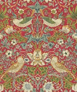 Lulu And Georgia Morris & Co. Strawberry Thief Wallpaper, Crimson/Slate Swatch