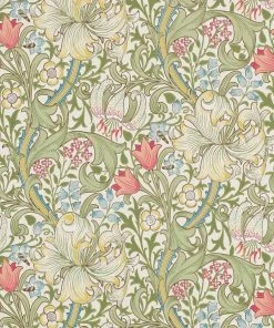 Lulu And Georgia Morris & Co. Golden Lily Wallpaper, Green/Red Swatch