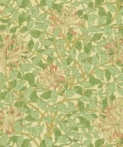 Lulu And Georgia Morris & Co. Honey Suckle Wallpaper, Green Beige Pink Swatch