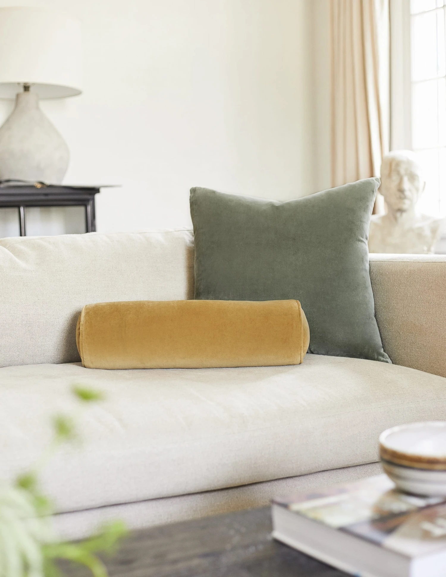 sabine-velvet-bolster-pillow-mustard-charlotte-velvet-pillow-moss_1-1.jpg Lulu And Georgia Sabine Velvet Bolster Pillow Nina Freudenberger Collection
